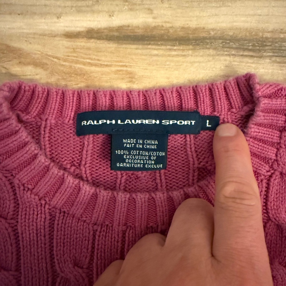 Ralph Lauren Sport Pink Cable Knit Sweater Womens Large Blue Pony Crewneck - Picture 2 of 8